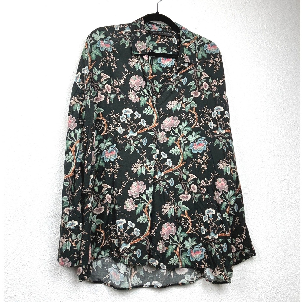 Zara Black Floral Button Down Blouse - Large - Long Sleeve Boho Cottagecore